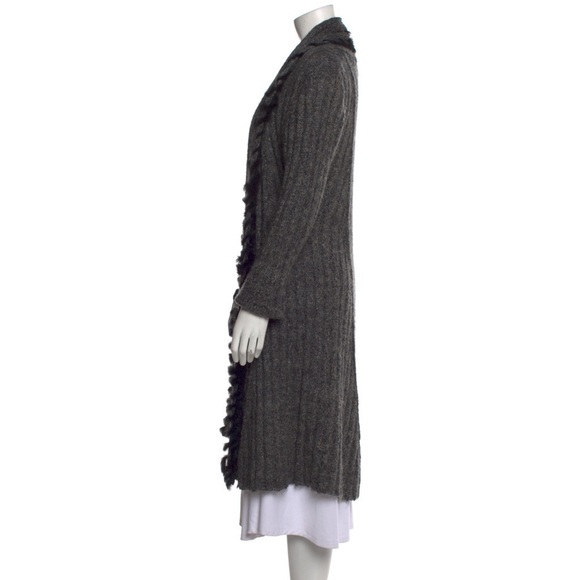 Alberto Makali Gray Knit Rabbit Fur Trim Open Front Duster Sweater Cardigan Sz L - Picture 2 of 9